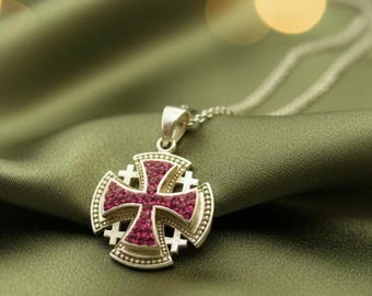 Red Ruby Cross Pendant, 14K Yellow Gold Plated, 925 Sterling Silver, Gemstone Religious Necklace, Elegant Faith Jewelry, Gift for Her