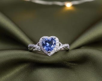 Frauenherz Tansanit und Diamant Ring, 14K Weißgold 925 Sterling Silber, Versprechensring mit blauem Edelstein im Herzschliff für Sie