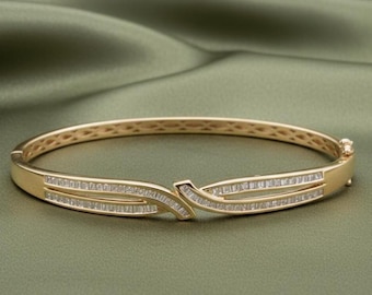 Diamond Bangle Bracelet, 14k Yellow Gold Plated, 925 Sterling Silver Jewelry, Elegant Baguette Diamond Bangle for Women, Luxury Gift for Her