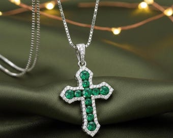 14K ネックレス エメラルドクロスネックレス ホワイトゴールド 14K-18K ホワイト
