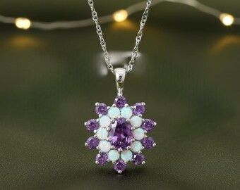 Amethyst & Opal Flower Pendant Necklace, 14K White Gold Plated 925 Silver, Gemstone Cluster Jewelry