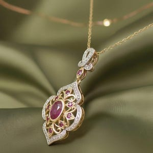 Ruby Pendant Necklace, Vintage Style Diamond Halo Pendant, 14K Gold Plated 925 Sterling Silver, Pink Ruby Necklace, July Birthstone Gift image 2
