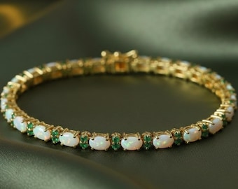 Opal & Emerald Tennis Bracelet, 14K Yellow Gold Plated 925 Sterling Silver, October Birthstone Gift, Dainty Gemstone Bracelet for Women