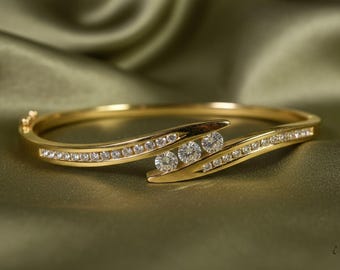 Diamond Bangle, 14K Yellow Gold Plated 925 Silver Bracelet, Elegant Sparkling Cuff, Luxury Jewelry Gift for Her