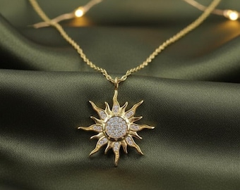 Sunburst Diamond Pendant Necklace, 925 Sterling Silver 14K Yellow Gold Plated, Radiant Sun Charm Necklace, Dainty Celestial Jewelry for Her