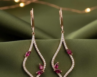 Ruby Drop Earrings, 14k Yellow Gold Plated, 925 Sterling Silver, Diamond Accent Long Dangle Earrings, July Birthstone Jewelry