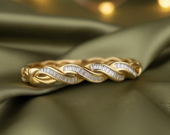 Baguette Diamond Criss Cross Bangle, 14k Yellow Gold Plated, 925 Sterling Silver, Luxury Cuff Bracelet, Elegant Gift for Her