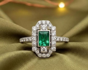 Art Deco Emerald Diamond Ring, 14K White Gold Plated, 925 Sterling Silver, Green Emerald Vintage Ring, Geometric Halo Ring, Gift for Her