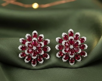 Ruby Flower Stud Earrings, 925 Sterling Silver 14K White Gold Plated, Red Ruby & Diamond Cluster Earrings, Elegant Statement Jewelry