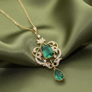 Puede incluir: Un collar dorado con un colgante de esmeralda. El colgante presenta una piedra de esmeralda rectangular en el centro, rodeada de piedras claras más pequeñas y filigranas doradas ornamentadas. Una esmeralda en forma de lágrima cuelga debajo. El collar descansa sobre una tela verde.