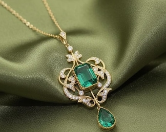 Vintage Emerald Pendant Necklace, 14K Gold Plated 925 Silver, Antique Green Stone Drop Pendant, Diamond CZ Jewelry, Gift for Her