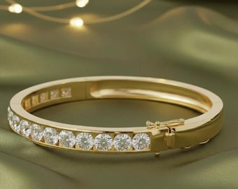 Diamond Bangle, 925 Sterling Silver 14K Yellow Gold Plated, Elegant Women's Bracelet, Bridal Jewelry, Anniversary Gift for Her