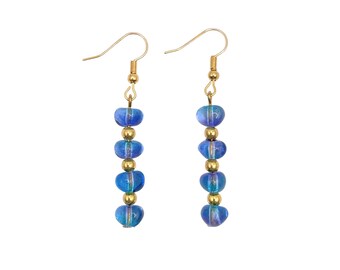 Blue Glass Earrings, Transparent Beads With Gold Stainless Steel