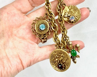 Chunky Gold French Regency Large Disc Charm Bracelet, Rare Beauty Vintage