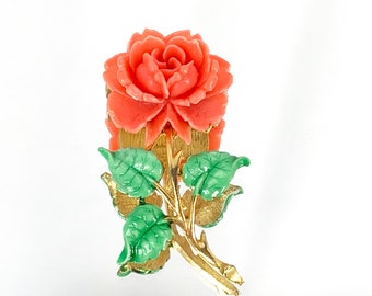 JJ Jonette Coral Enamel Floral Rose Brooch, Rare Beauty Vintage