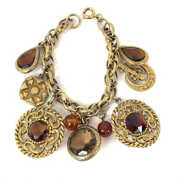 Loaded Citrine Glass Medallion Chunky Charm Bracelet
