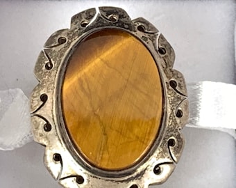 Mexican Silver Tiger Eye Ring, Eagle Mark Three, JSF, Adjustable