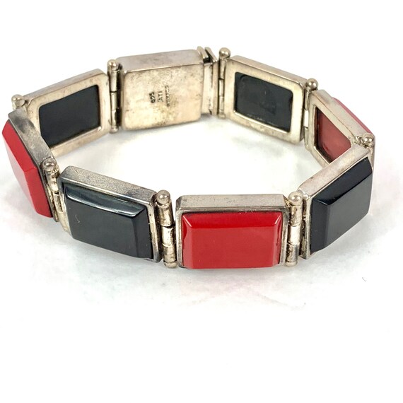 Modern Mexican Silver and Glass Red Black Bracelet - image 2