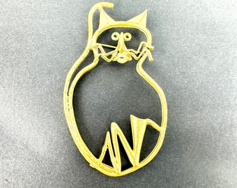 Huge Golden Whimsical Cat Brooch, Handmade Art Jewelry