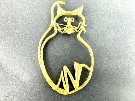 Huge Golden Whimsical Cat Brooch, Handmade Art Je… - image 1