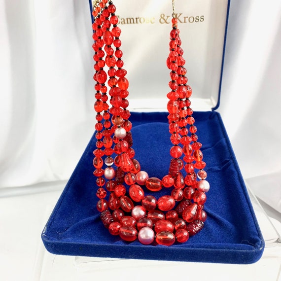 High End Red Glass Bead Five Strand Necklace, Jap… - image 4