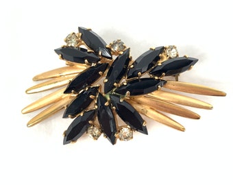 Juliana Style Black and Gold Avant Garde Rhinestone Brooch