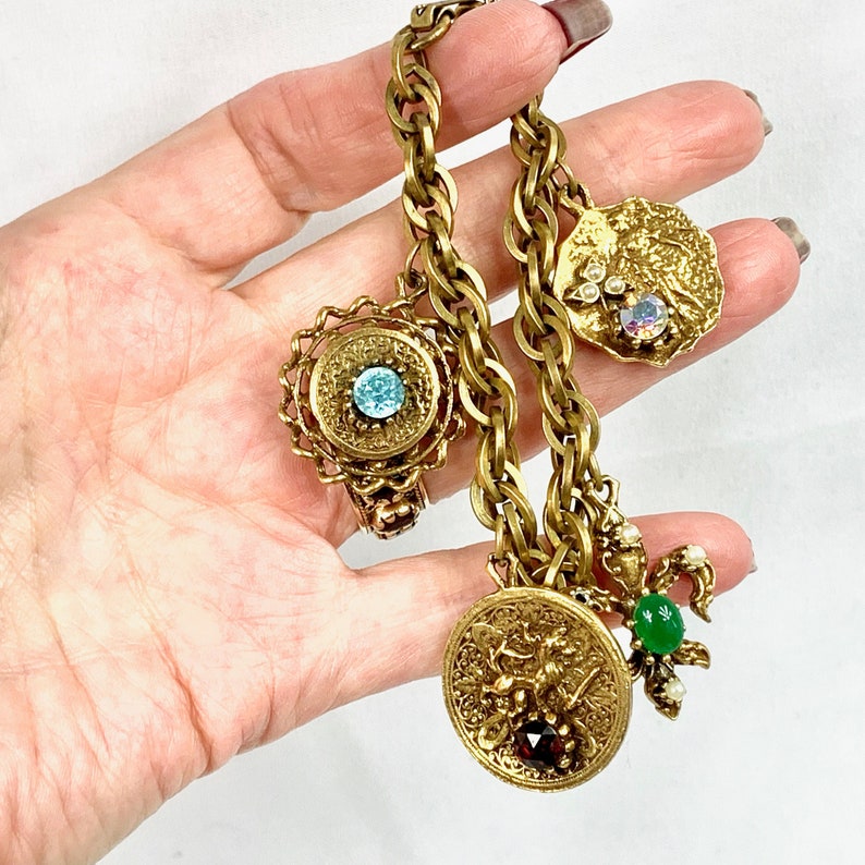 Chunky Gold French Regency Large Disc Charm Bracelet, Rare Beauty Vintage image 1