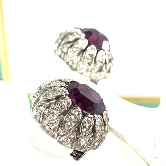 Boucles D'oreilles Clips Vintage Années 80 En Cuir Violet Et Strass - Style Rétro Unique