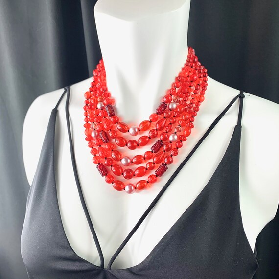 High End Red Glass Bead Five Strand Necklace, Jap… - image 2