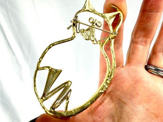 Huge Golden Whimsical Cat Brooch, Handmade Art Je… - image 6