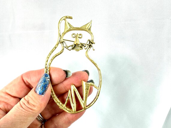 Huge Golden Whimsical Cat Brooch, Handmade Art Je… - image 4