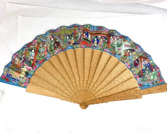 19th Century 1000 Faces Hand Fan, Qing Dynasty, Carved Sandalwood, Canton, Chinese Export