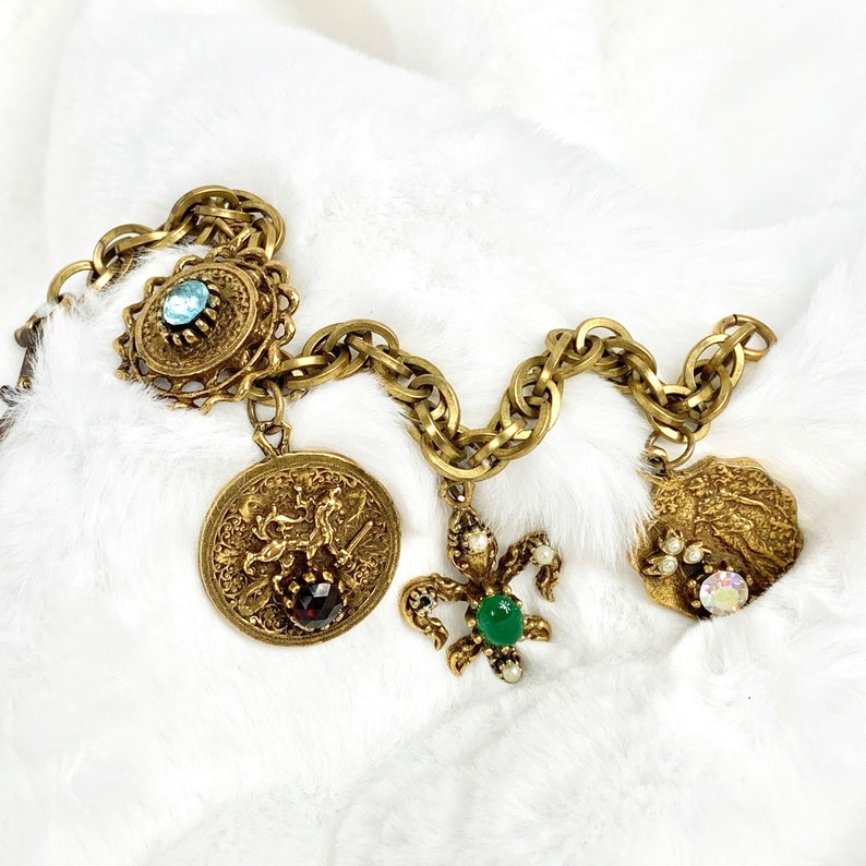 Chunky Gold French Regency Large Disc Charm Bracelet, Rare Beauty Vintage image 2