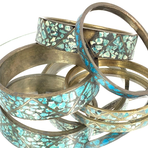 アクセサリー Indian Jewelry Turquoise Bangle Turquoise Inlaid East Indian Brass Chip Bracelets Rare