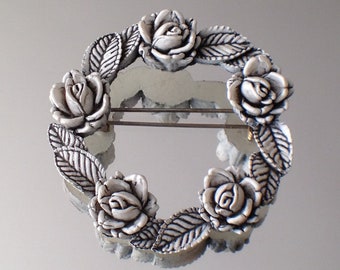 Rare Vintage Japanese Circle Brooch, Featherlite, Bubblelite, Carved Roses