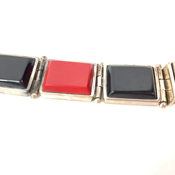 Modern Mexican Silver and Glass Red Black Bracelet - image 4