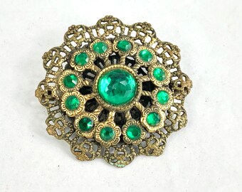 Victorian Filigree Brass Faceted Emerald Green Rhinestone Brooch