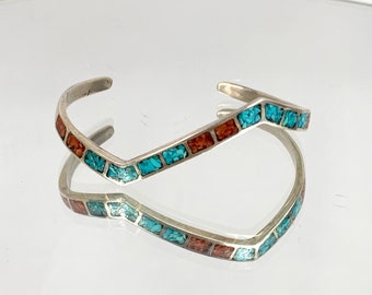 Child's Turquoise Coral Mosaic Cuff Bracelet, Southwestern Stacking