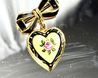 Vintage Coro Guilloche Enamel Rose Heart Locket Brooch