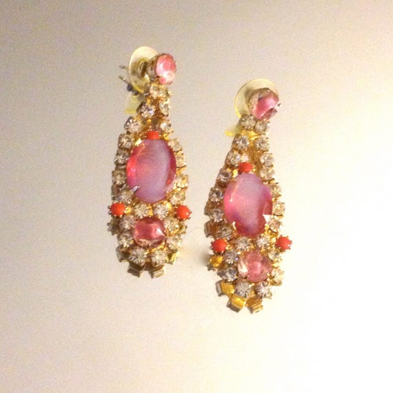 Regency Pink Givre Glass Rhinestone Pierced Earri… - image 6