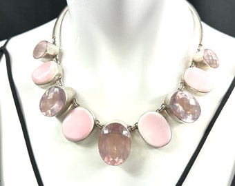 Sterling Silver Rose Quartz Pink Conch Shell Choker Statement Necklace