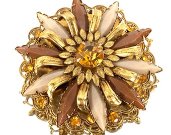 Large Sunburst Tiered Navette Brooch, Fall Colors