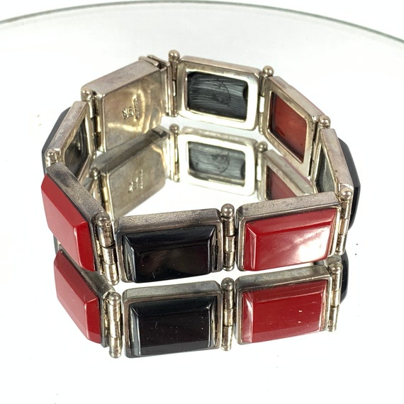 Modern Mexican Silver and Glass Red Black Bracelet - image 1