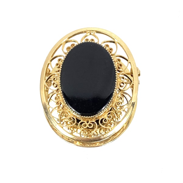 Catamore Neoclassical Gold Filled Filigree Onyx Brooch