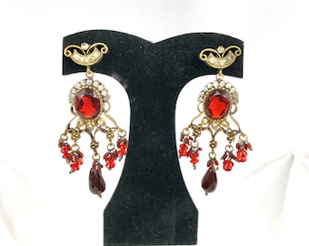Renaissance Revival Art Glass Pierced Ruby Red Glass Earrings Rare Beauty