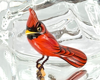 Takahashi Cardinal Genuine Carved Bird Brooch