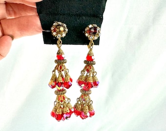 Red and Gold Chandelier Earrings, Haskell Style, Vintage