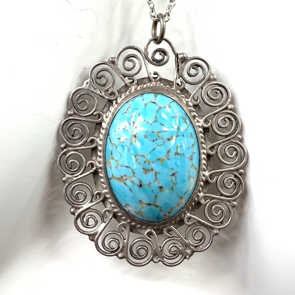 Ornate Filigree Mexican Silver Hubbell Glass Necklace with Eagle