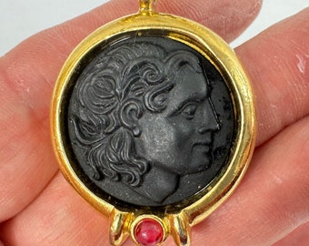 Alexander The Great Black Basalt Glass Cameo Coin Necklace