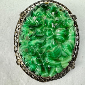 Vintage Peking Jade Glass Bohemian Czech Pendant Brooch